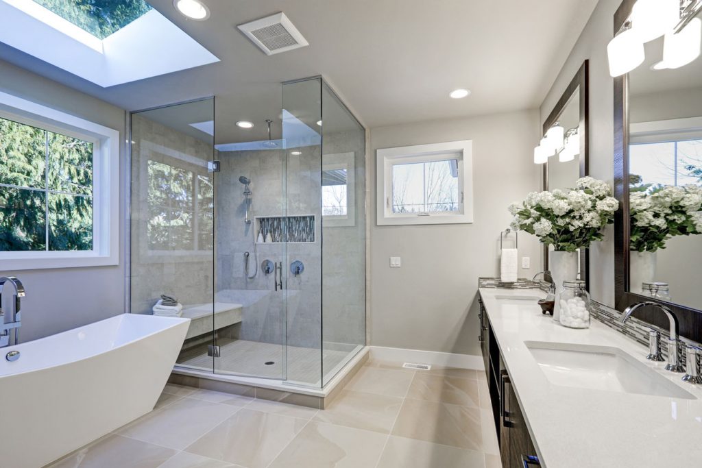 Large modern bathroom with big shower and glossy basin
