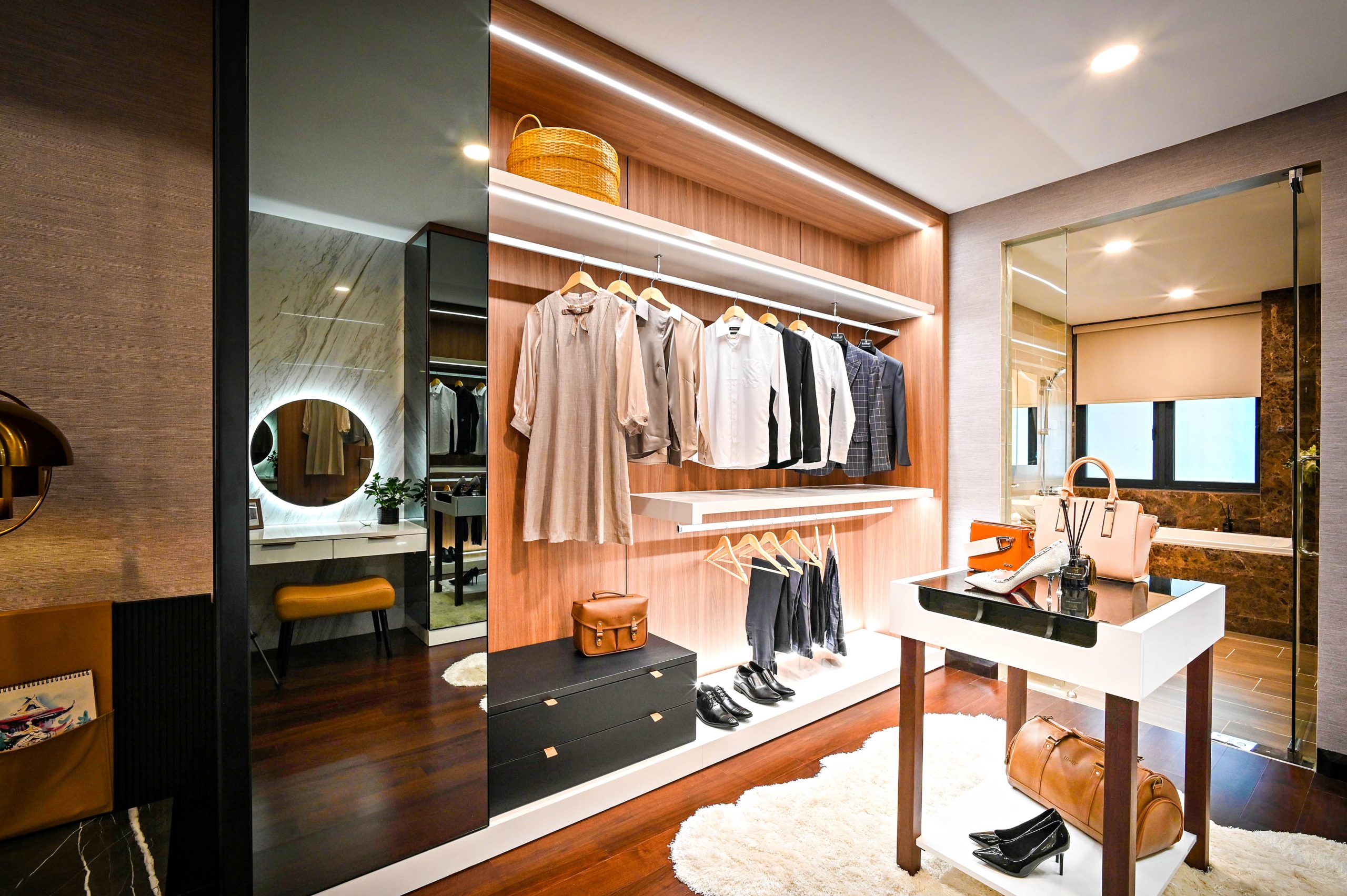 Walk in wardrobe with shoes and shirts