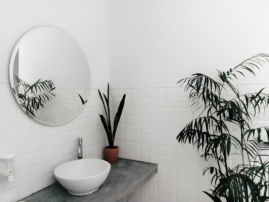 Bathroom with white tiles and sing. Plants and a face mirror