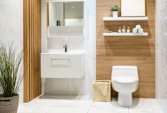 modern bathroom with wooden panels